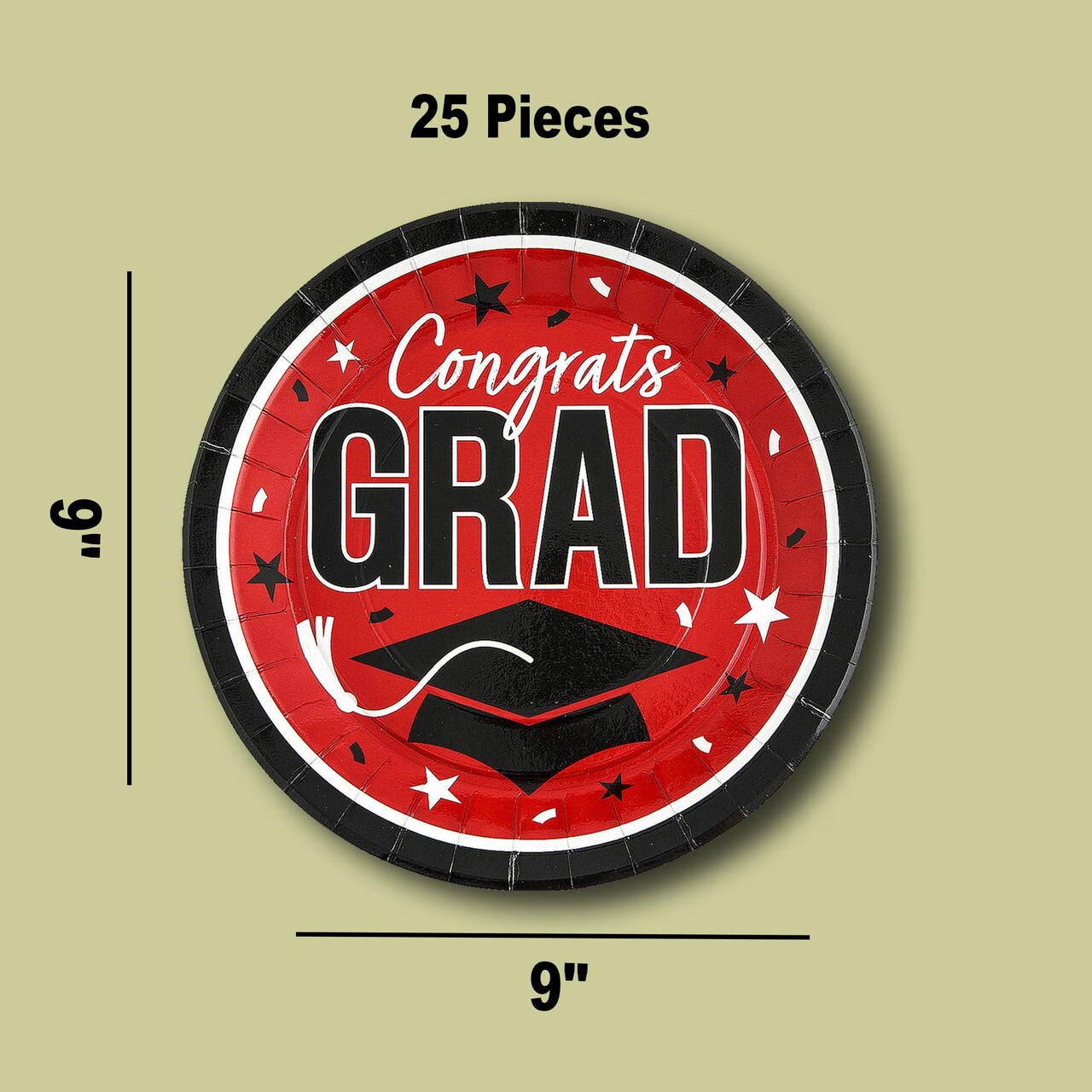 25 Count Red Congrats Grad Round Paper Dinner Plates Graduation Party 9 Inch